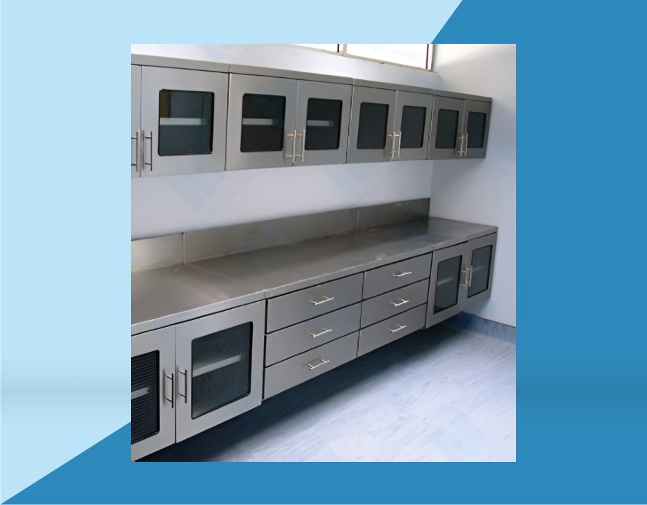 STAINLESS STEEL WALL BENCH WITH HANGING CABINETS